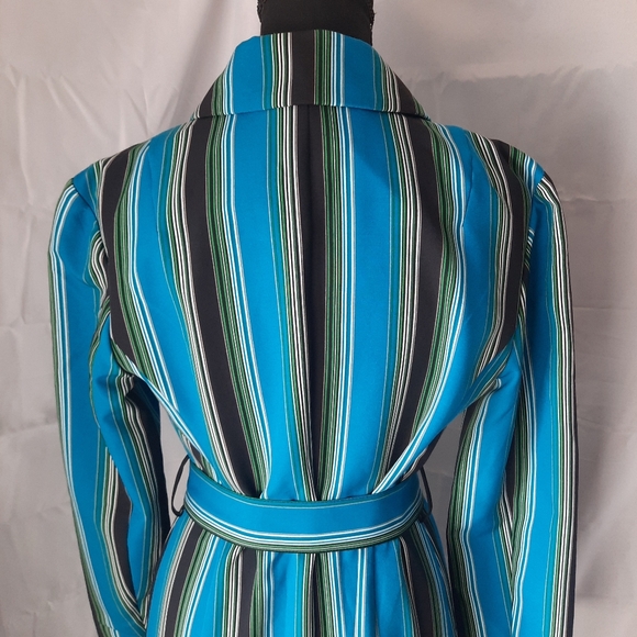 I N C Striped Trench Coat Womens Sz Small Blue Black Belted Buttons - Picture 4 of 12